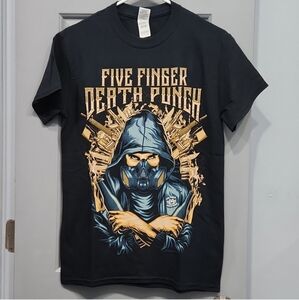 NWOT 2 sided 5FDP Five Finger Death Punch Boots And Blood Tee Ninja Gas Mask